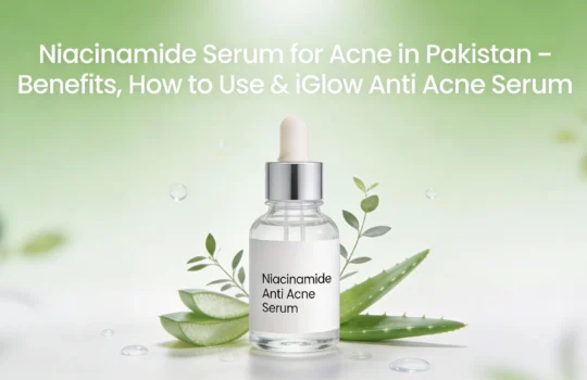 Niacinamide serum for acne in Pakistan with tea tree and aloe vera on fresh green background