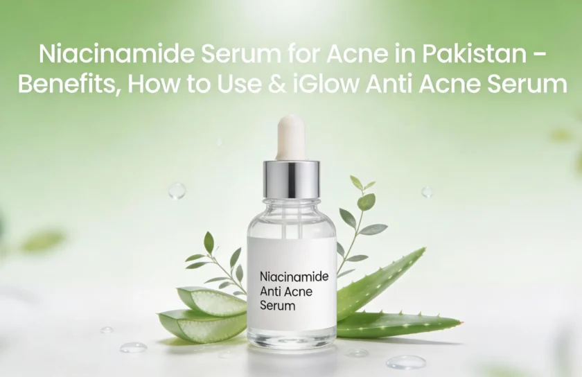 Niacinamide serum for acne in Pakistan with tea tree and aloe vera on fresh green background