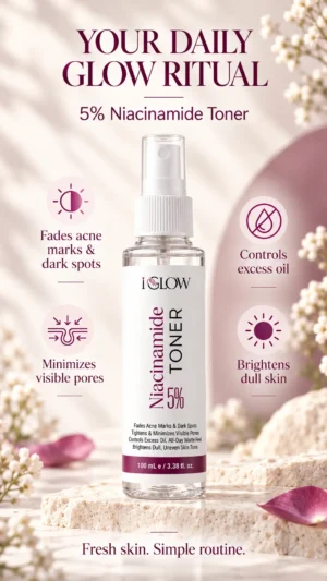 iGlow 5% Niacinamide Toner 100 mL clear spray bottle with white and plum label
